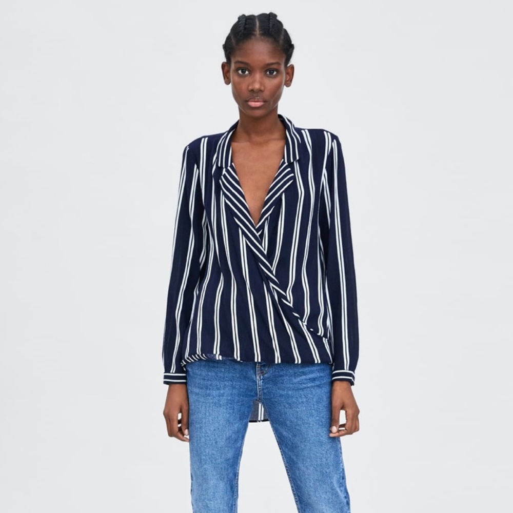 ZARA WOMEN NAVY BLUE ASYMMETRIC BLUOSE TOP STRIPED SIZE XL #D145B